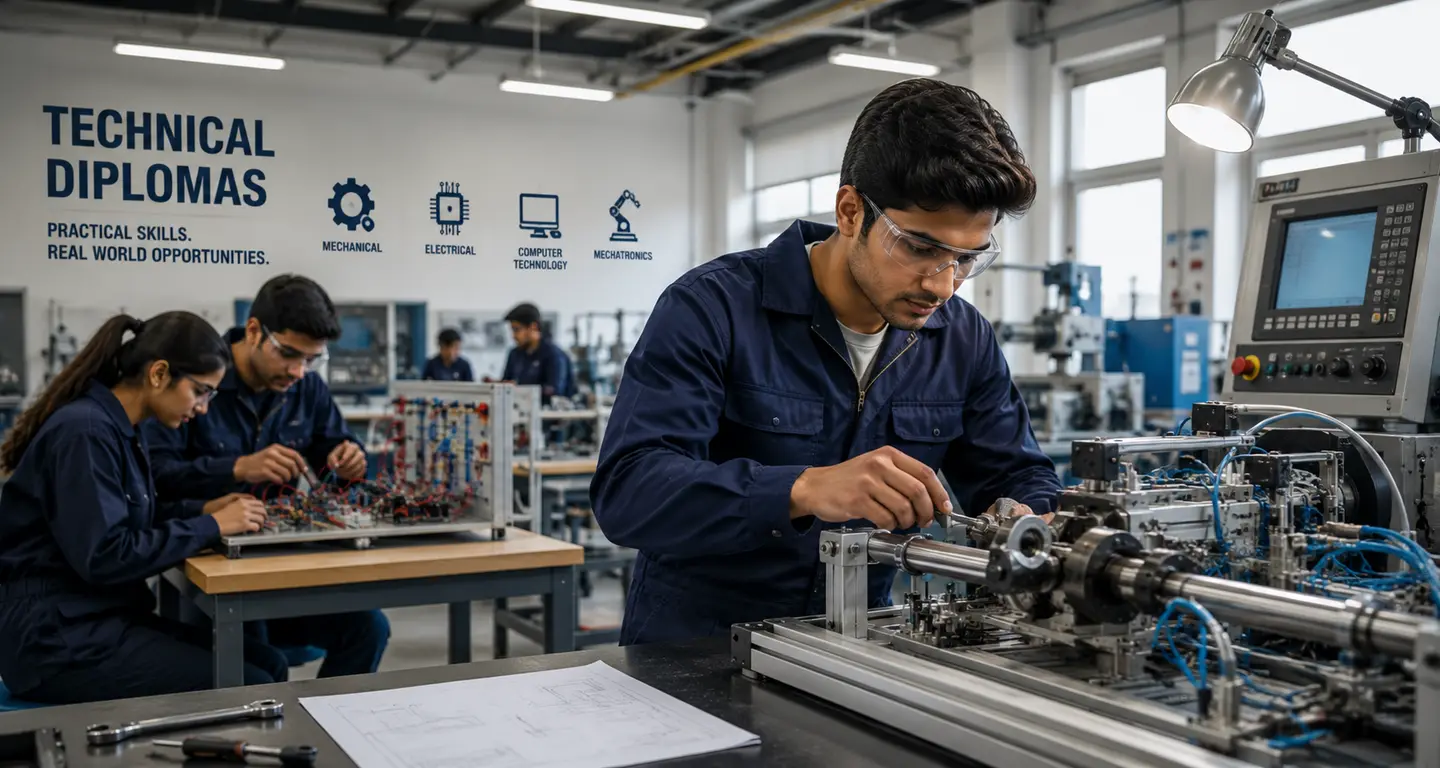 Technical diploma trainees working with practical tools during a hands-on skills session.